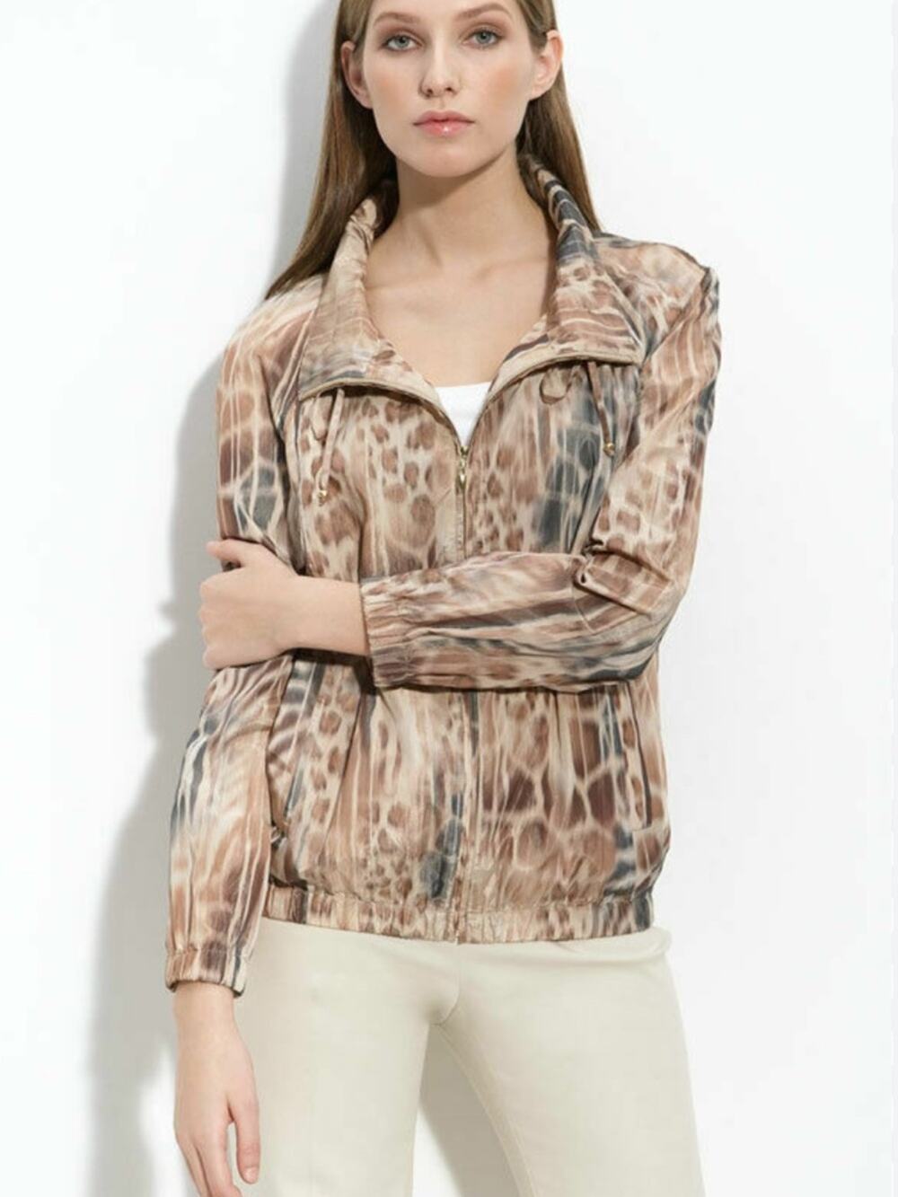 St.John Lightweight Women's Animal-Print Zip Jacket - Beige